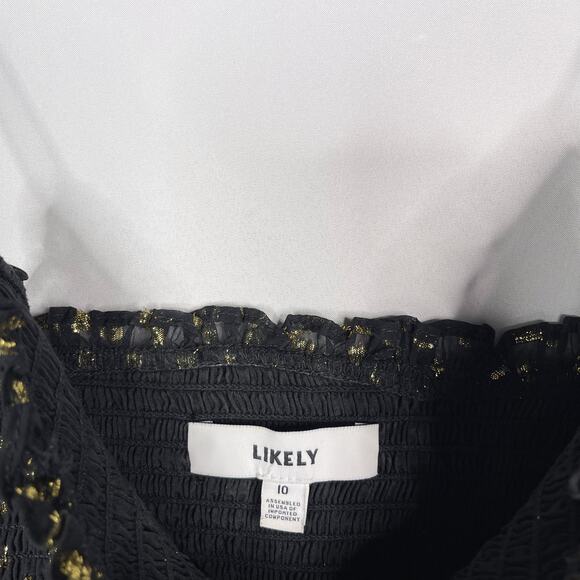 Likely Size 10 Black Gold Zephra Metallic Dot Print Ruffle Mini Dress Cocktail - Picture 8 of 12